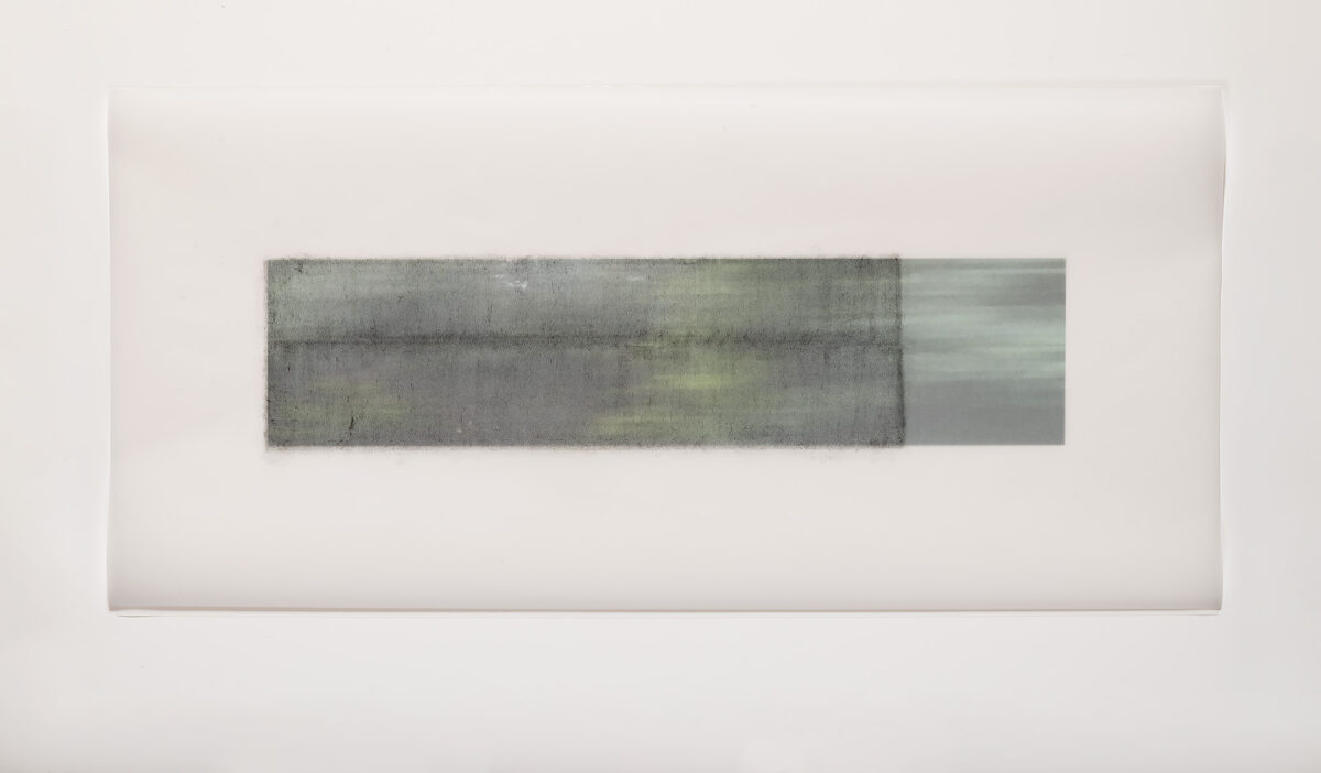 Horizontal rectangular composition featuring layered translucent bands of muted gray and green tones against a pale background, creating an atmospheric effect suggesting movement or water flow through overlapping planes.