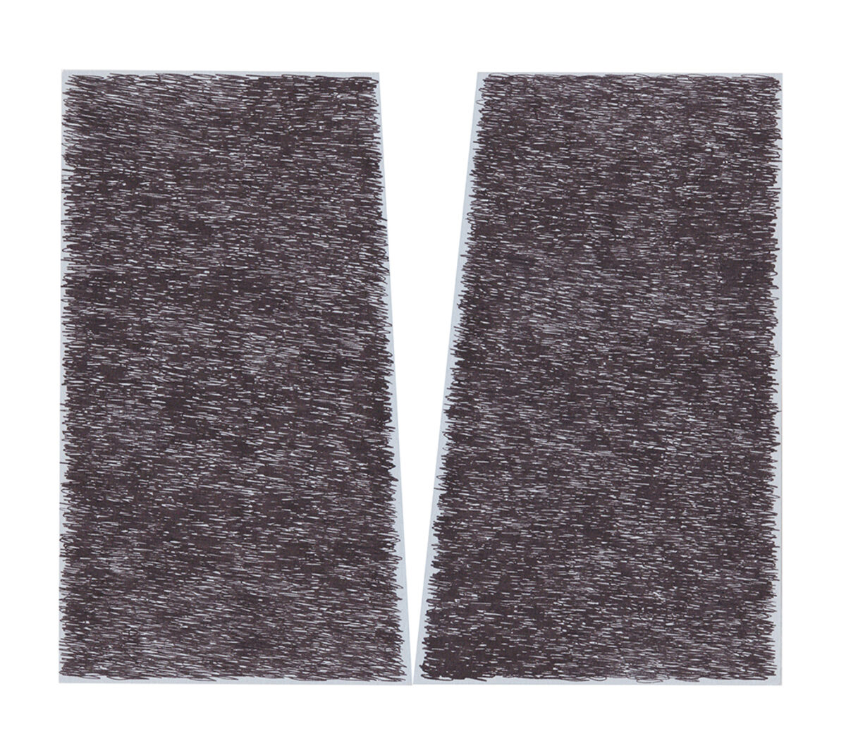 Two vertical rectangular panels with dense, gestural black linear marks covering their surfaces, creating a textured, scratched appearance. A thin light gap separates the panels down the center.