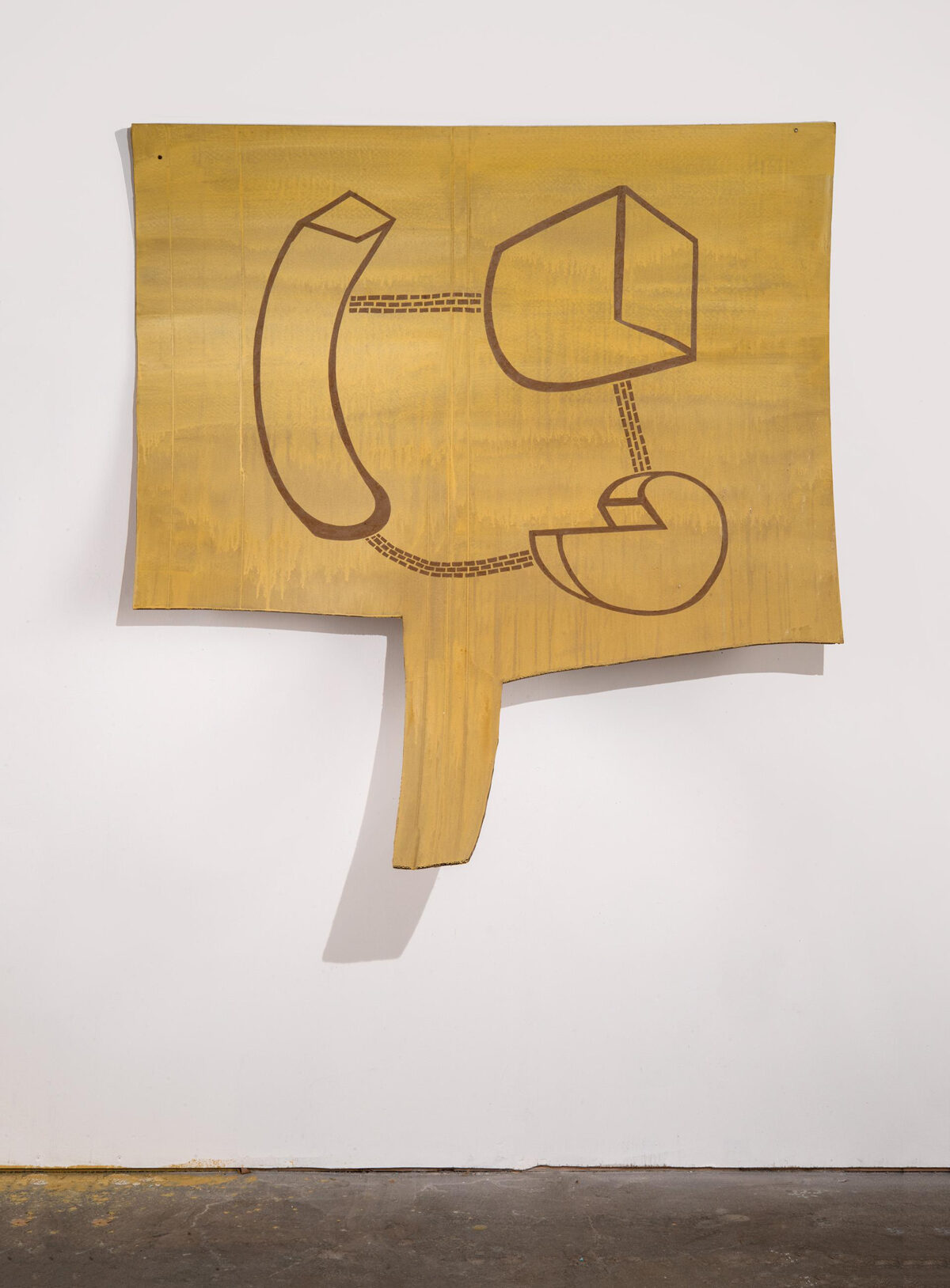 Irregular wooden panel in warm ochre tones with brown line drawings depicting abstract geometric forms connected by dotted lines, mounted on a white gallery wall.