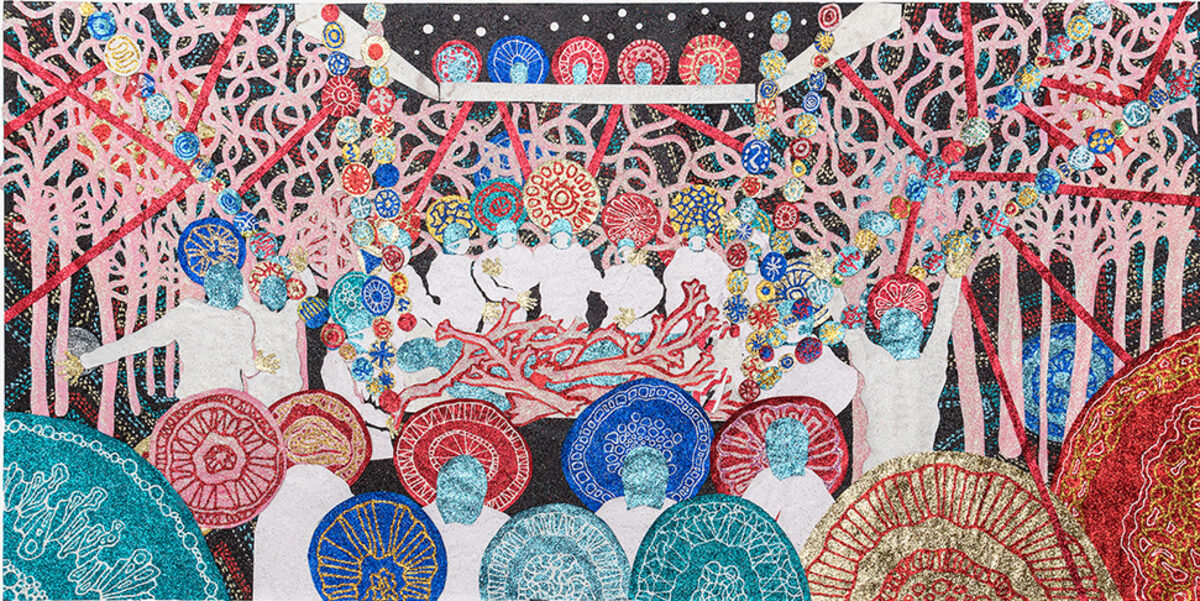 An intricate mixed-media composition featuring delicate cut-paper trees and foliage in pink and cream tones framing a central scene of white birds among ornamental circular medallions. Vibrant colors—turquoise, red, blue, and gold—dominate the lower portion with decorative mandala-like forms embellished with glitter, creating a layered, dreamlike landscape that blends natural and ornamental imagery.