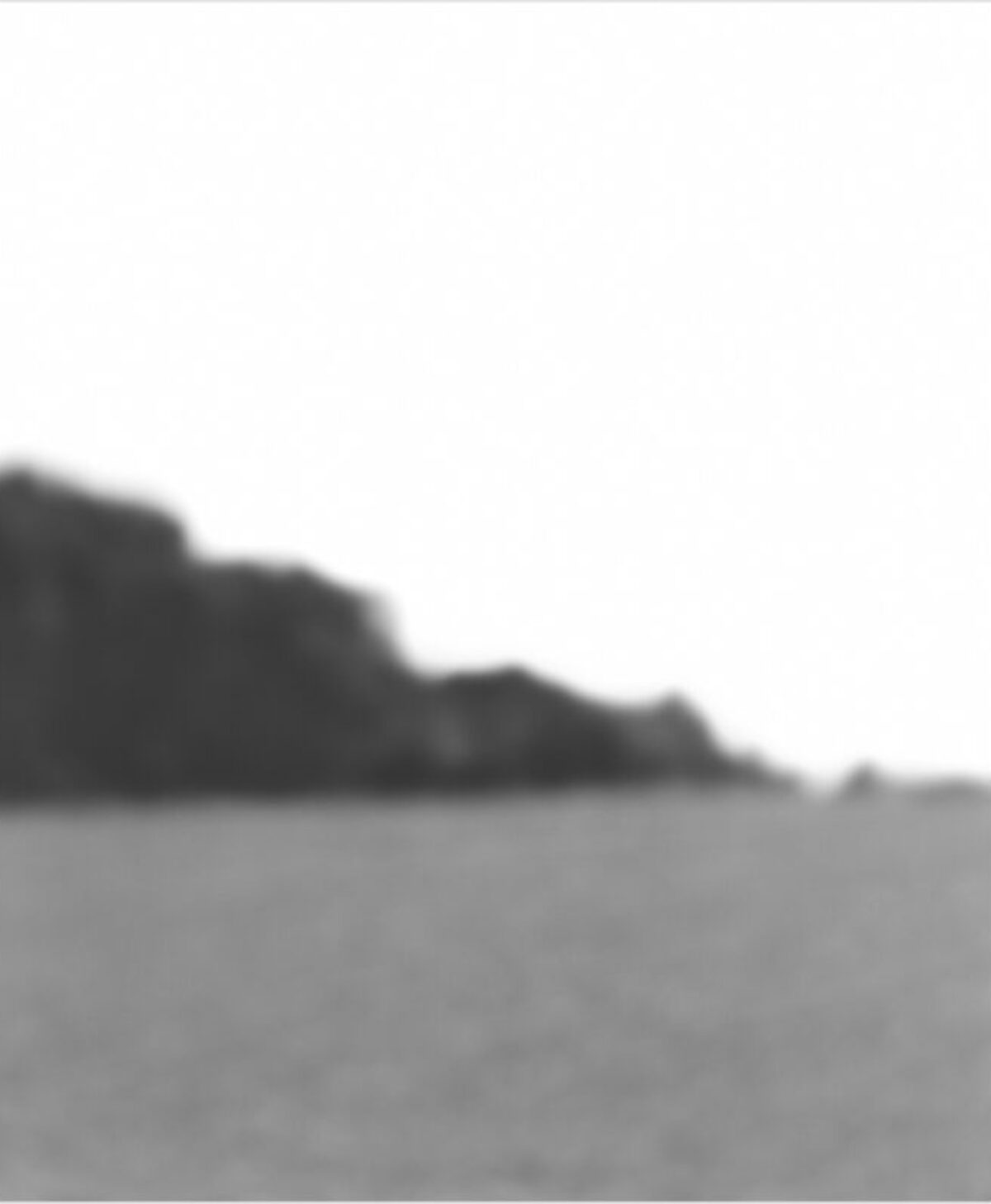 A minimalist landscape with a dark silhouetted hillside or treeline across the upper portion against a lighter sky, with a misty gray foreground. The soft focus and grainy texture suggest an analog photographic process.