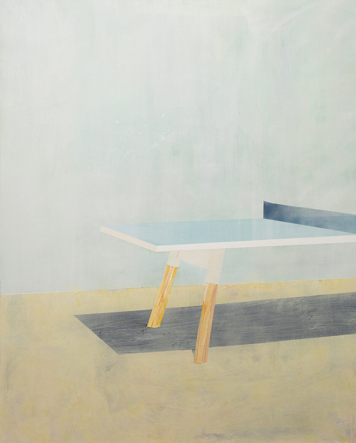 A minimalist painting depicting a ping-pong table rendered in soft, muted tones of pale blue, cream, and gray. The table is shown in perspective with wooden legs, set against a hazy, neutral background that creates an ethereal, dreamlike quality.
