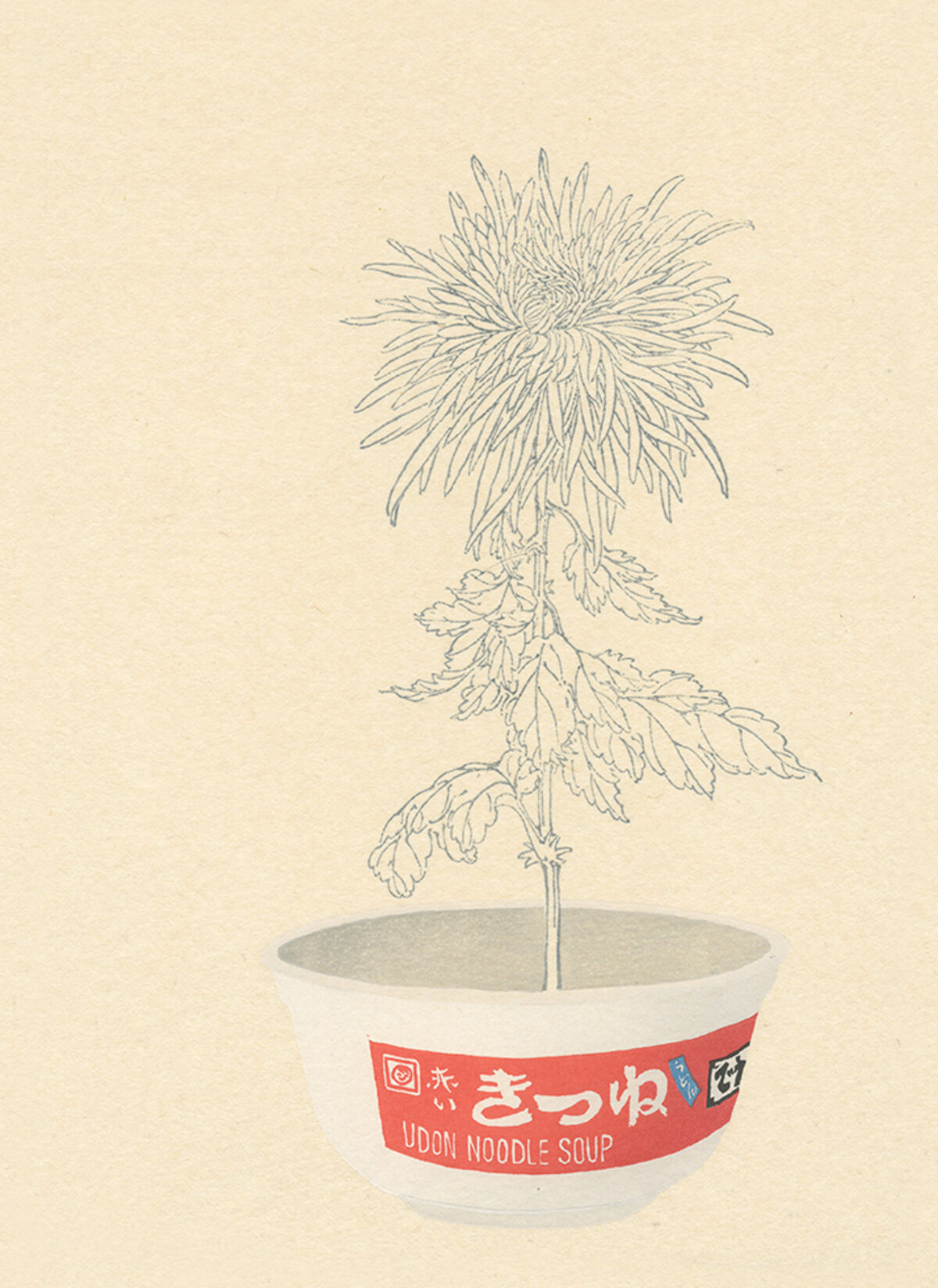 A delicate line drawing of a wilting chrysanthemum with drooping petals and leaves emerges from an instant udon noodle soup bowl with red labeling, set against a cream-colored background.