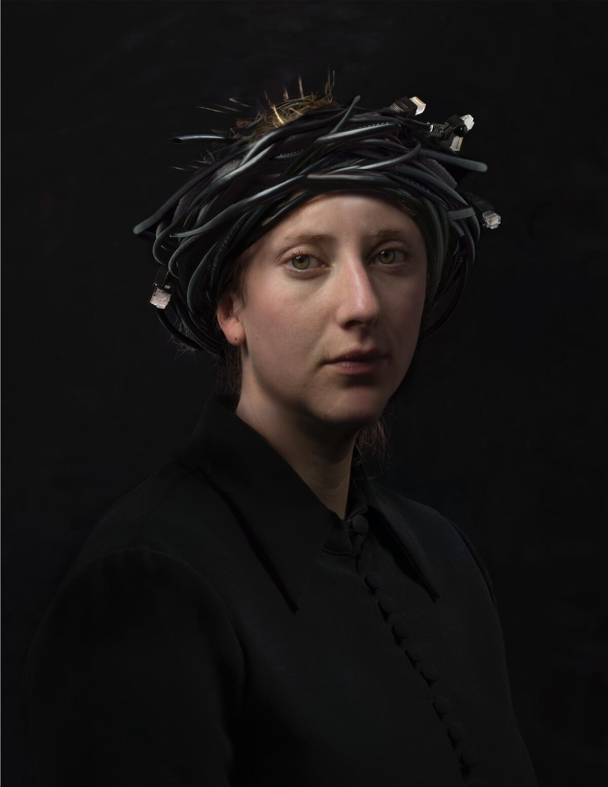 Portrait of a figure with pale complexion against a dark background, wearing black clothing and an elaborate headdress constructed from black cords, straw, and metallic elements. The composition is a three-quarter view with dramatic lighting that emphasizes the subject's contemplative expression and the intricate textural details of the headpiece.