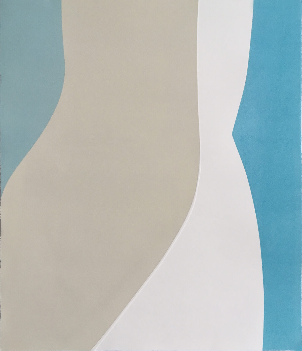 Abstract relief print featuring flowing, curved forms in soft teal, cream, and white creating a sense of movement and depth through layered, organic shapes.