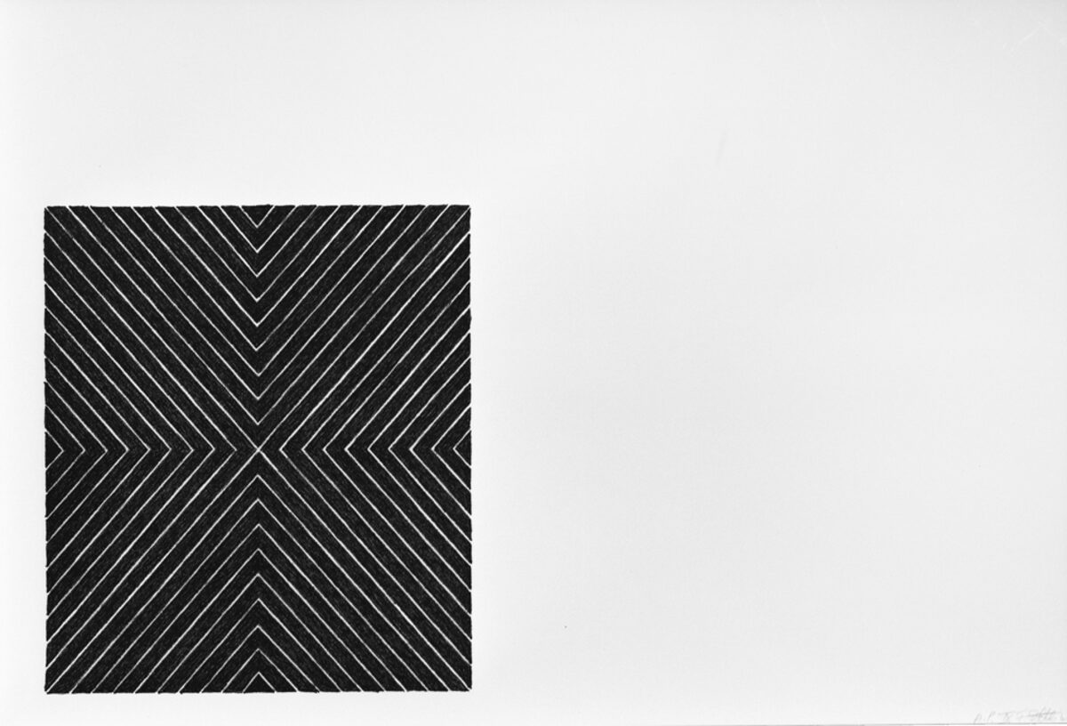 Black and white geometric composition featuring concentric chevron and diagonal line patterns that radiate from the center, creating an optical illusion of depth and movement within a rectangular format.