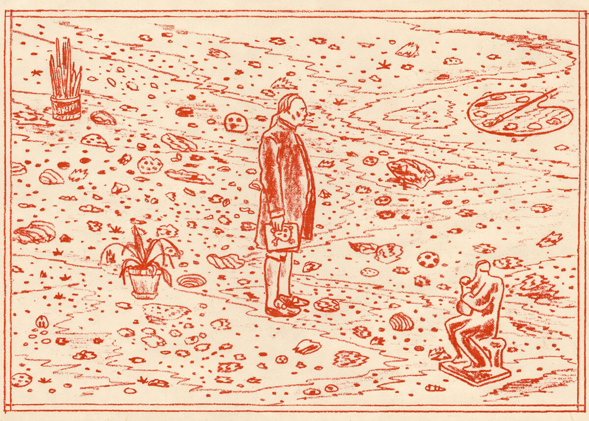 A red woodcut print depicting a solitary figure in a cape standing in a surreal landscape scattered with pizza slices, potted plants, and various abstract forms. The composition uses bold linear marks and stippling to create texture across the entire composition, with the central figure gazing downward amid the chaotic surrounding imagery.