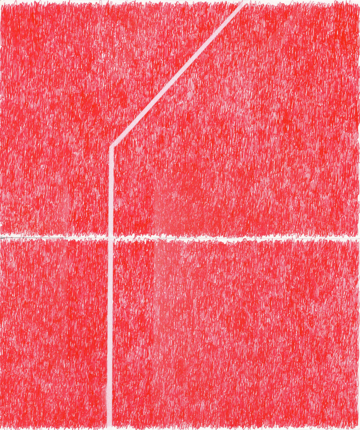 A vibrant red abstract composition divided by white linear elements forming a geometric house-like shape. The entire surface is densely textured with vertical streaking and marks, creating a dynamic, energetic effect across the divided sections.