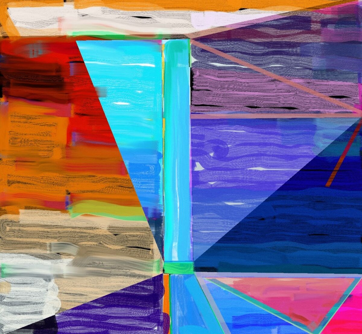 Abstract digital composition featuring bold geometric divisions with vibrant color blocks: warm oranges and reds on the left transitioning to cool cyan, purple, and deep blue sections on the right. Vertical and diagonal lines in neon green and cyan create structural divisions across the composition, while varied textures—from smooth gradient areas to linear brushwork—layer throughout. The palette shifts dramatically from warm earth tones in the lower left to cool jewel tones dominating the upper right and center.