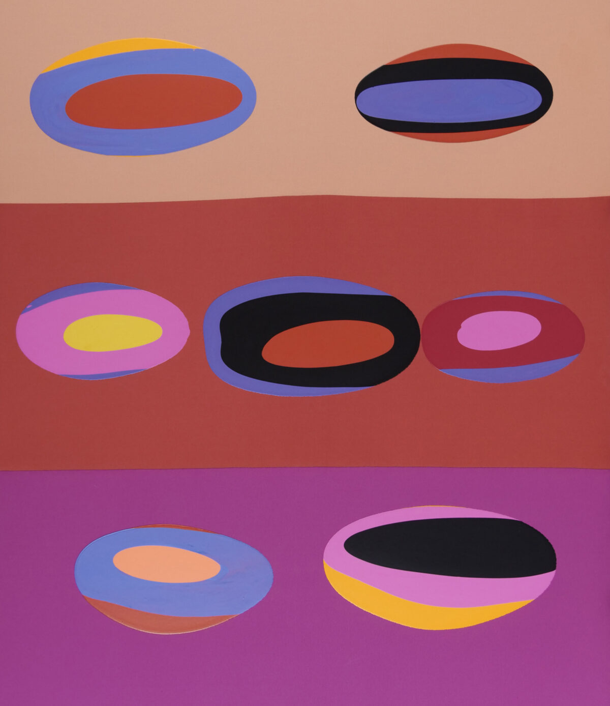 Colorful abstract composition featuring seven nested elliptical forms arranged across three horizontal bands of contrasting colors—tan, deep red, and magenta. Each ellipse displays layered rings in vibrant hues of blue, pink, yellow, black, and coral, creating a sense of depth and movement against the solid colored background sections.