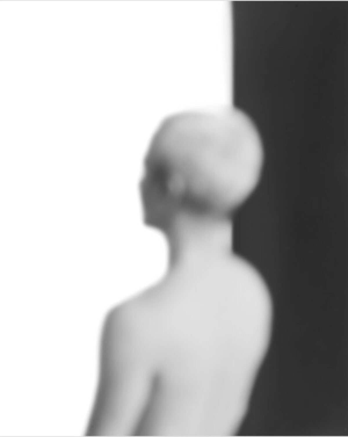 A soft-focus photograph of a white plaster or stone bust of a human head and shoulders shown in profile against a stark division of light and dark backgrounds, creating a minimalist composition that emphasizes the sculpture's gentle forms and tonal gradations.