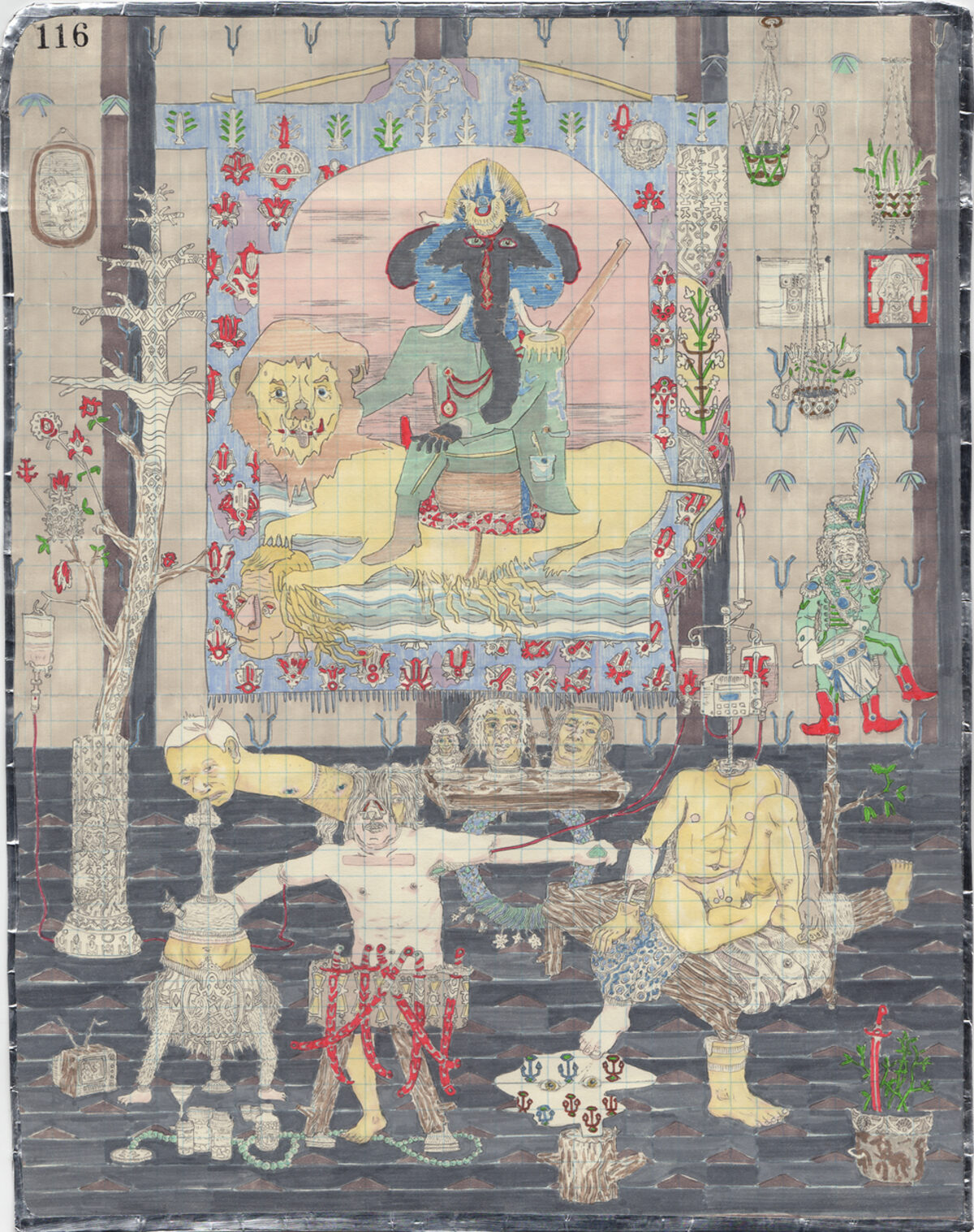 A densely detailed drawing on graph paper depicting an ornate interior scene with a central figure seated on a throne wearing elaborate blue robes and jewelry, surrounded by architectural elements including columns, hanging plants, and decorative tapestries with floral and geometric patterns. The foreground contains multiple nude or partially clothed figures in various poses, rendered in yellow and pale tones, arranged around sculptural elements, vessels, and ornamental objects executed in graphite with selective color accents in red, blue, and green.