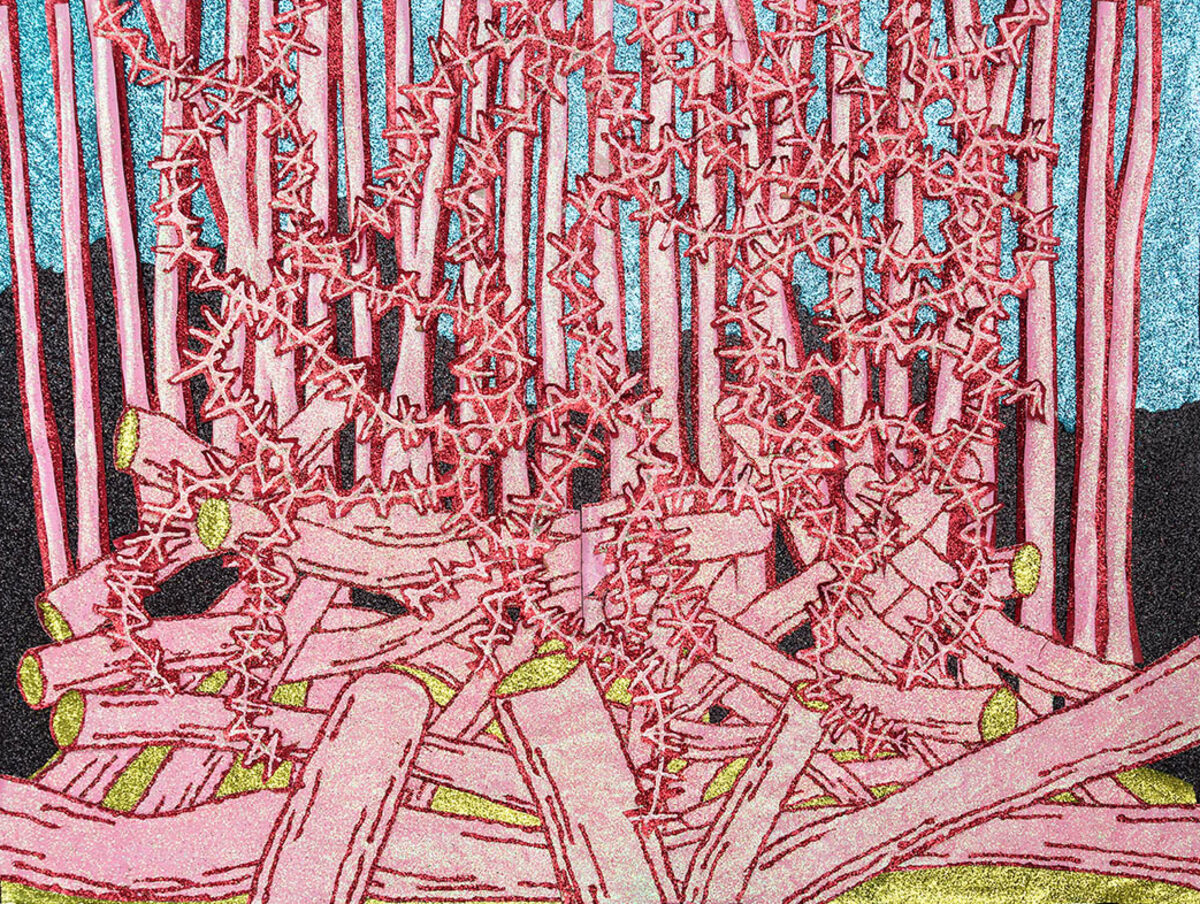 A stylized forest scene rendered in shades of pink and red with turquoise and black accents, featuring tall striped tree trunks and a dense understory of intricate linear patterns. The composition uses layered cut paper, paint, and glitter to create depth and texture throughout the woodland landscape.