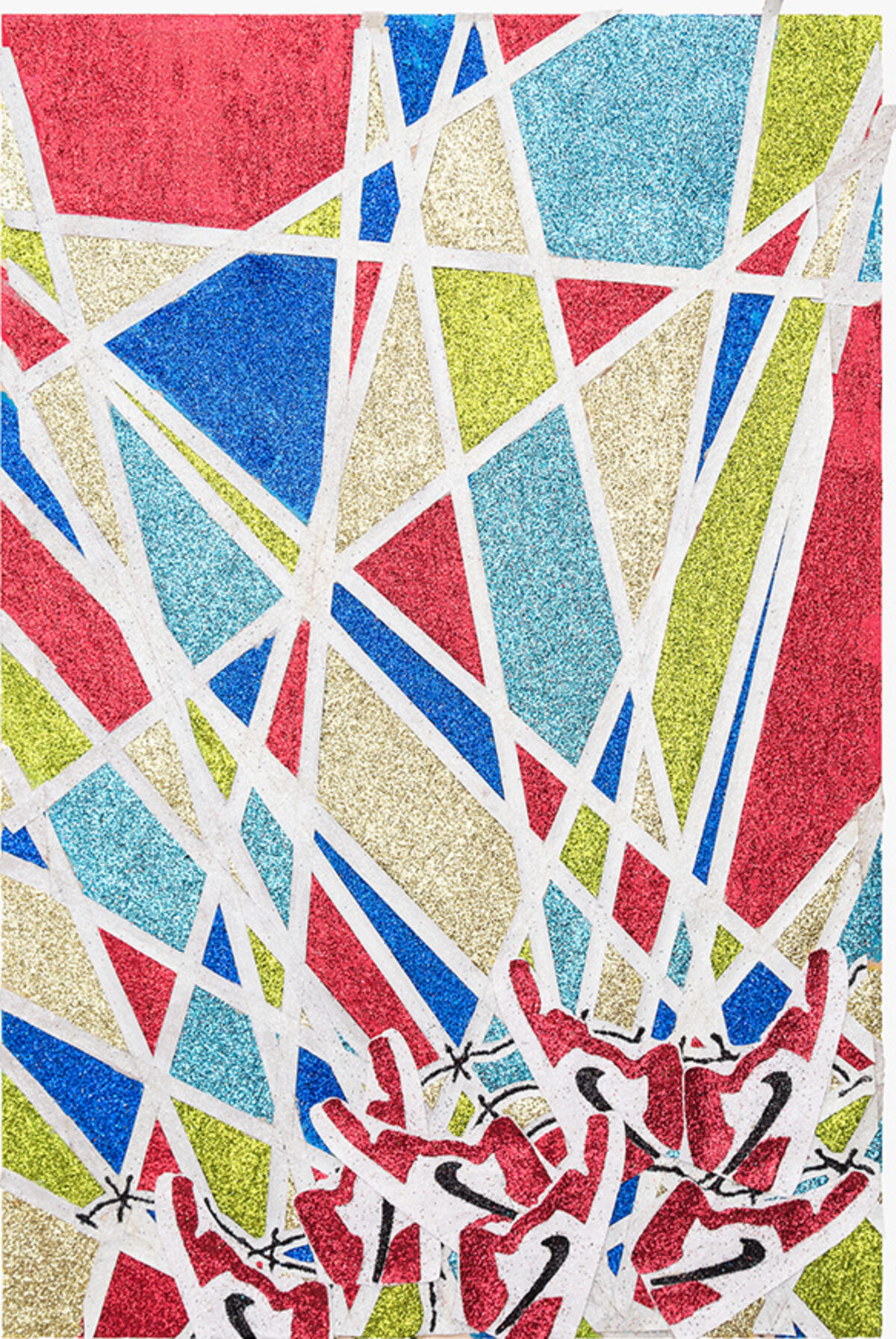 Colorful geometric composition of intersecting triangular and angular shapes in red, blue, cyan, lime green, and cream, separated by white lines and embellished with glitter. Organic black marks and numerical notations appear in the lower portion of the work.