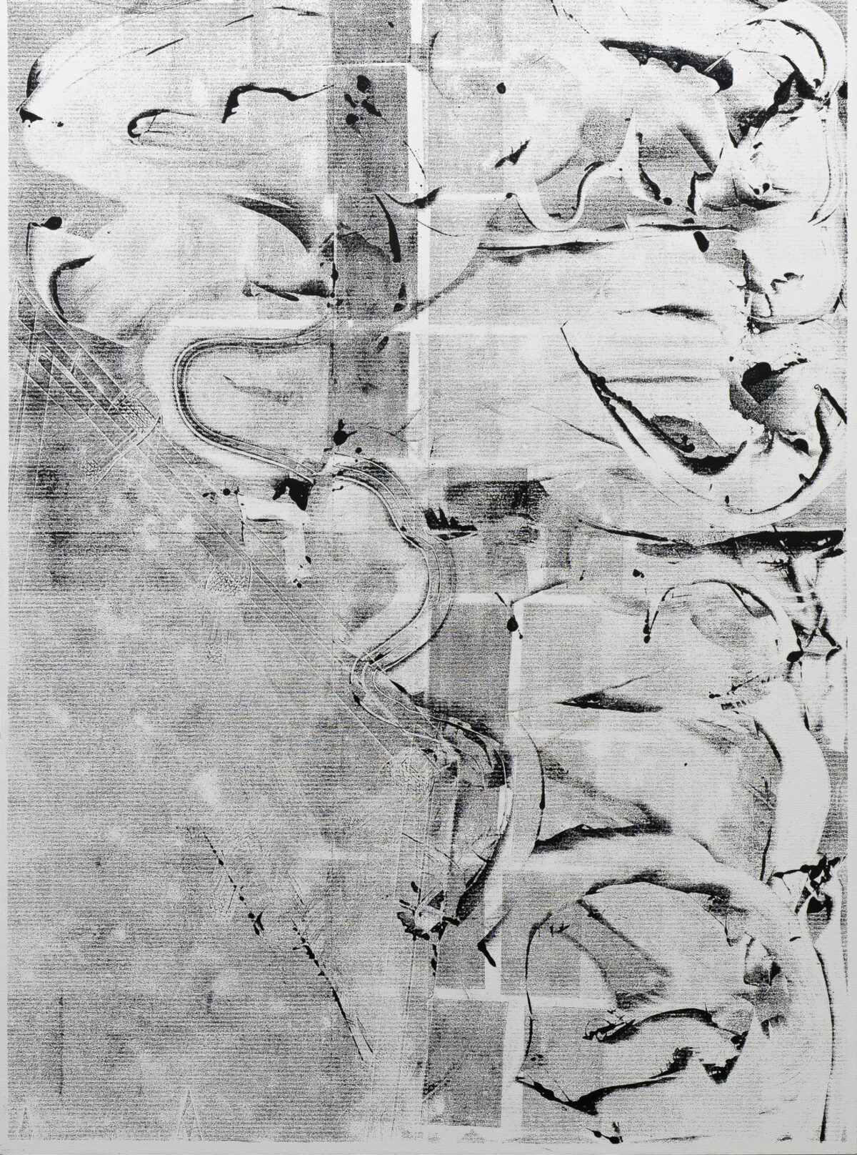 A composition of overlapping profile portraits rendered in black ink and gestural marks against a textured, cream-colored ground. The faces are layered and fragmented, with expressive linear strokes creating movement across the surface, creating an abstract, layered effect that suggests multiple perspectives simultaneously.