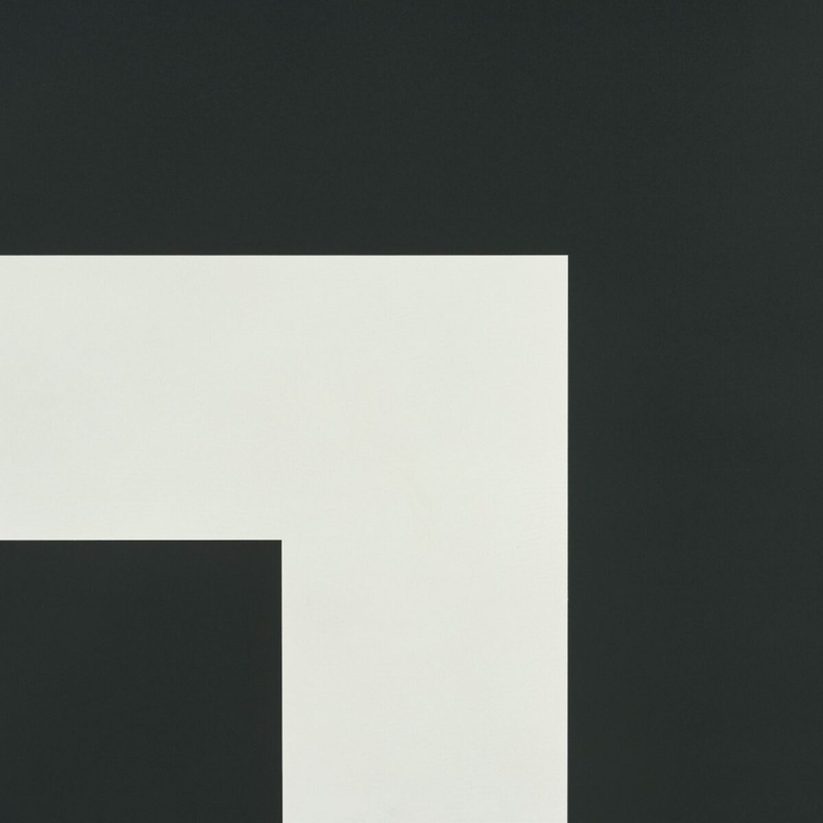 Geometric composition of three rectangular color fields: a light cream-white panel in the center, flanked by dark charcoal gray-black sections on the left and right, with the left portion extending lower than the right, creating an asymmetrical arrangement.