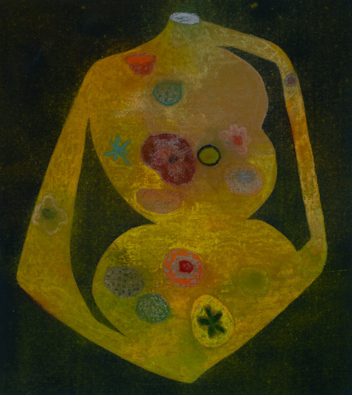 A stylized yellow figure with an organic, rounded form against a dark green background, decorated with colorful circular and abstract shapes in red, teal, pink, and ochre throughout its body and limbs. The work combines gestural brushstrokes with geometric symbols, creating a primitive or cellular aesthetic.