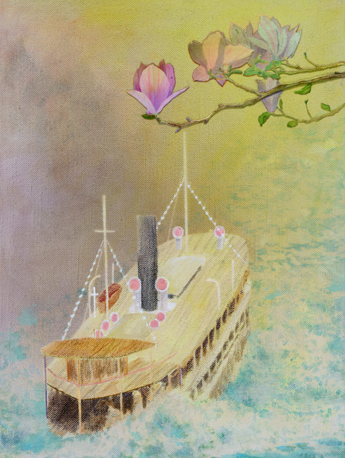 A delicate watercolor-style painting featuring magnolia blossoms suspended above an ornate wooden vessel on water. The composition blends naturalistic botanical imagery with architectural and fantastical elements, rendered in soft yellows, purples, and blues against a pale background.