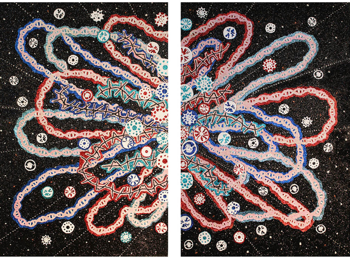 Two vertically oriented panels featuring undulating, organic ribbon-like forms in red, blue, and pink with intricate patterned interiors set against a starry black background scattered with decorative snowflake and geometric motifs in white, teal, and red. The compositions use cut paper, paint, and glitter to create a dynamic, celestial aesthetic with flowing, interconnected shapes.