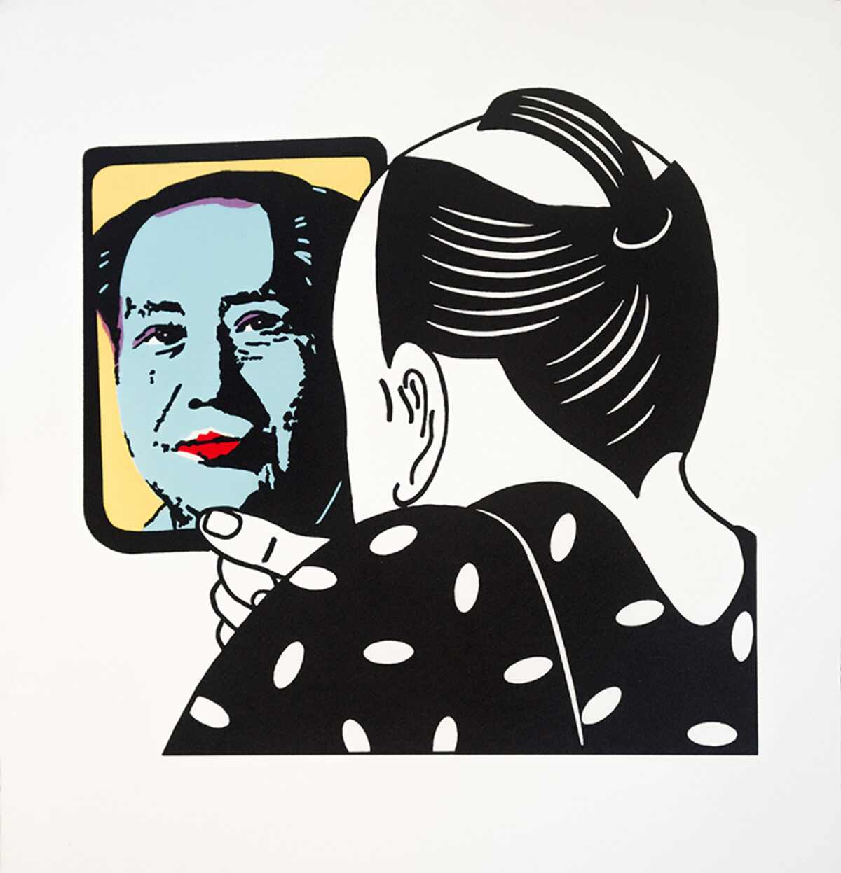 A figure with dark hair viewed from behind holds up a portrait featuring a face with light blue skin and red lips against a yellow background. The figure wears a black garment with white polka dots. Bold black lines define the composition in a pop art style with limited color palette of black, white, yellow, cyan, and red.