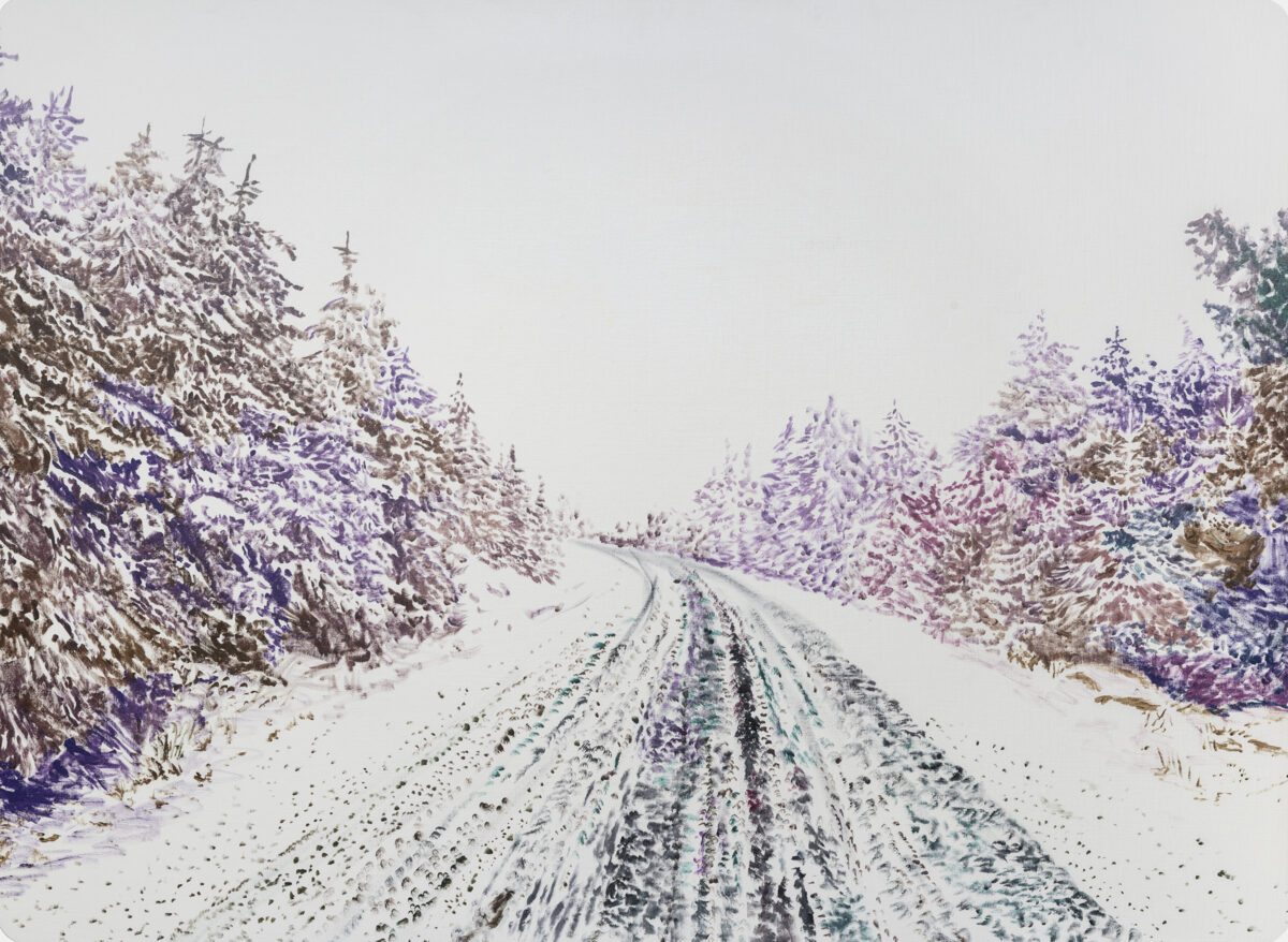 A snow-covered road stretches into the distance, flanked by coniferous trees heavily laden with snow on both sides. The perspective draws the viewer down the center of the road, which shows tire tracks and footprints marking the white surface. The sky above is overcast and pale, and the trees create a symmetrical frame of muted purples, browns, and whites.