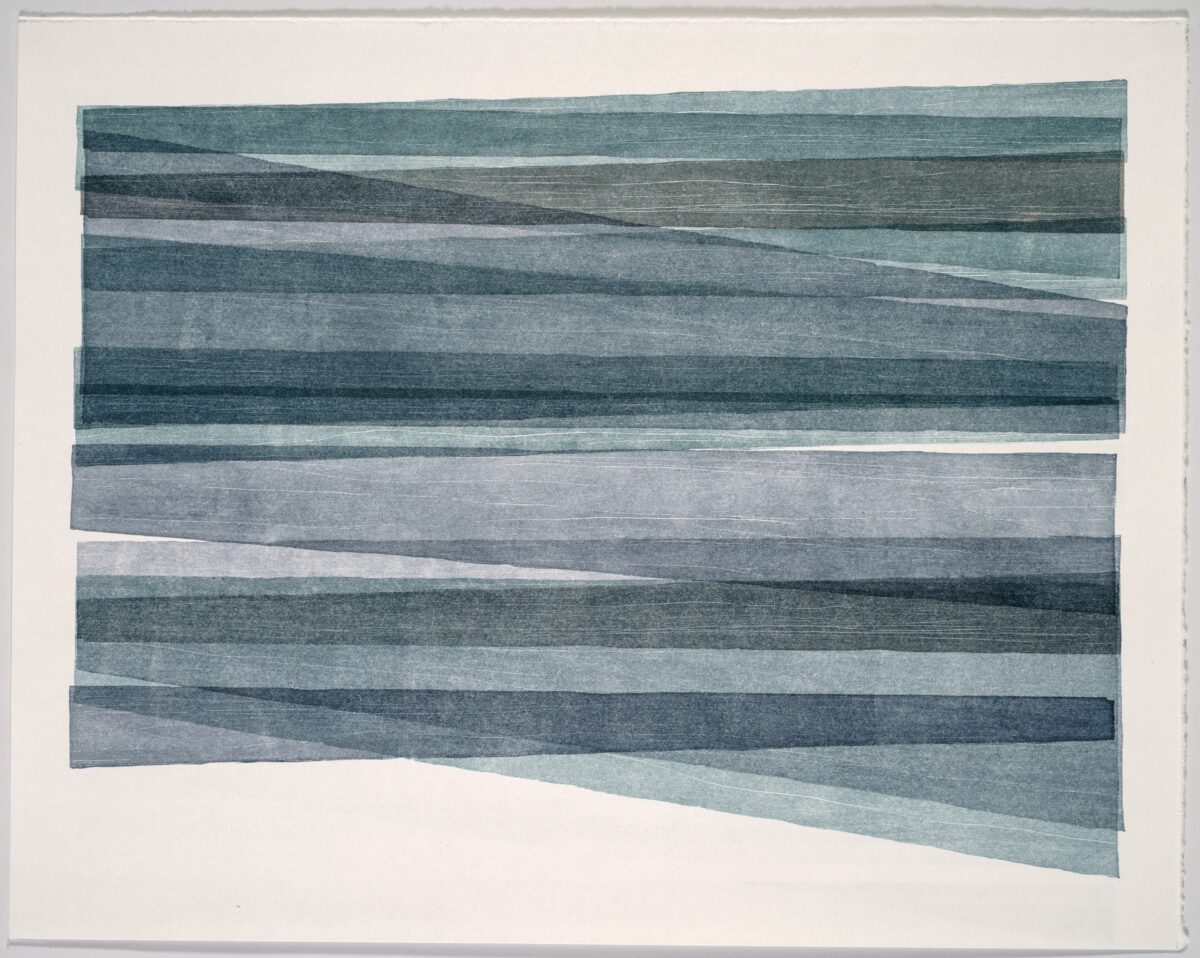 Horizontal composition of layered, undulating bands in varying shades of gray and blue-green, creating a landscape-like abstraction. The irregular strips overlap and taper at the edges, rendered in a textured, print-based medium against a pale background.