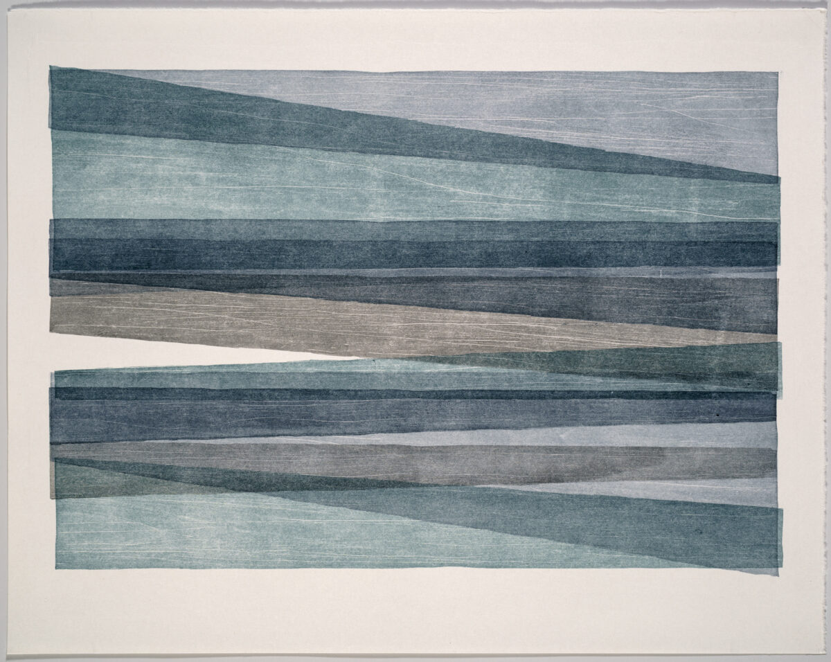 Abstract woodcut monoprint featuring horizontal bands of varying widths in shades of teal, dark blue, gray, and beige, with subtle linear textures throughout. The bands are slightly offset and tilted, creating a dynamic, layered composition against a cream-colored background.