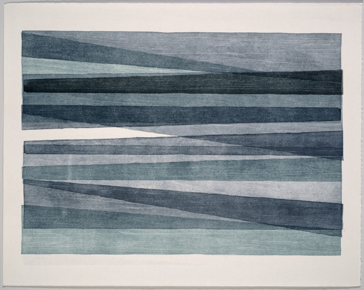 Abstract composition of horizontal bands in varying shades of blue and grey, with subtle diagonal movements creating a sense of depth and layering. The textured surface suggests printmaking techniques, with organic variations in tone across the overlapping strips.