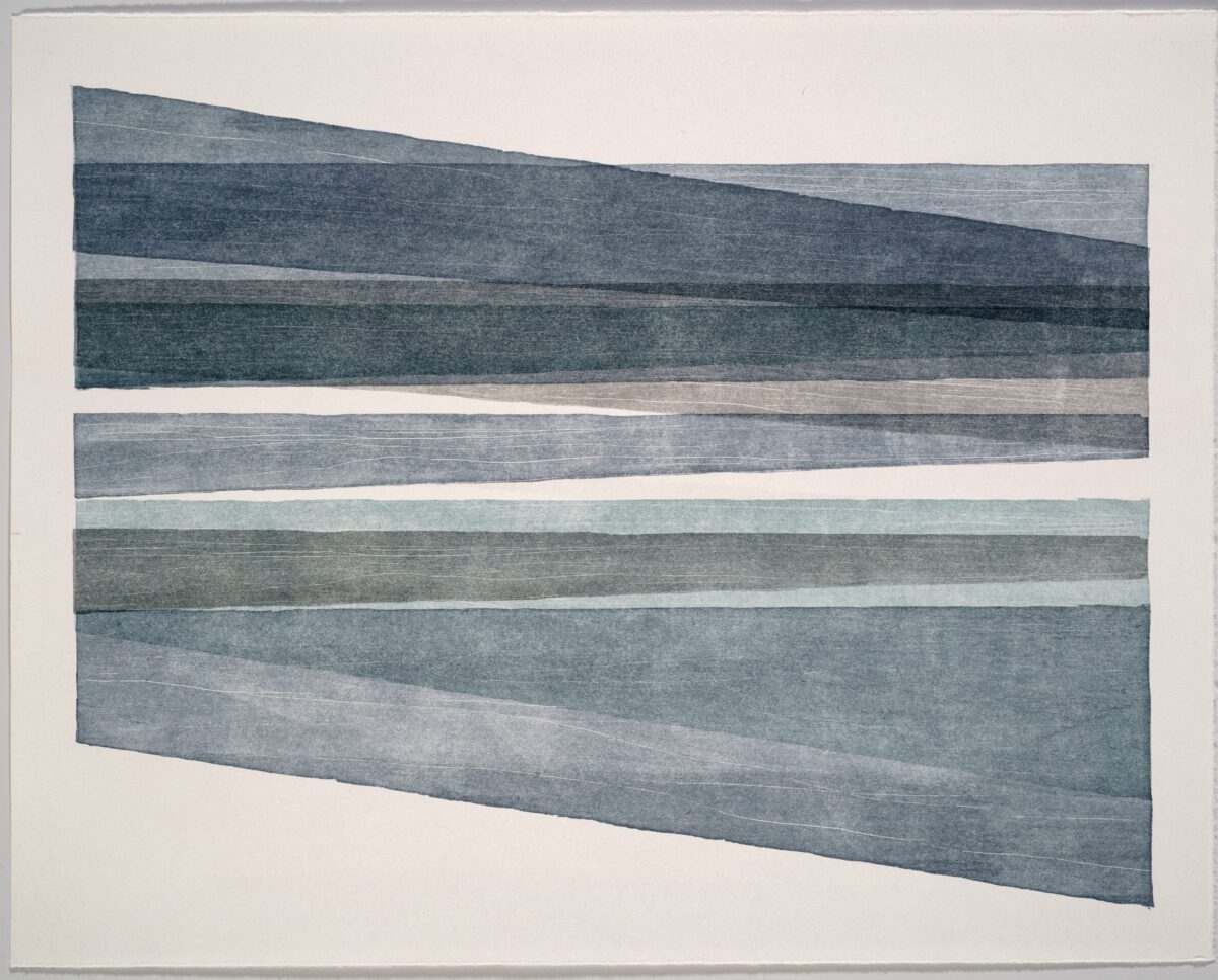 Abstract composition of overlapping horizontal bands in varying shades of gray and blue-green, with subtle texture and visible brushwork creating depth and movement across the rectangular form on a light neutral background.