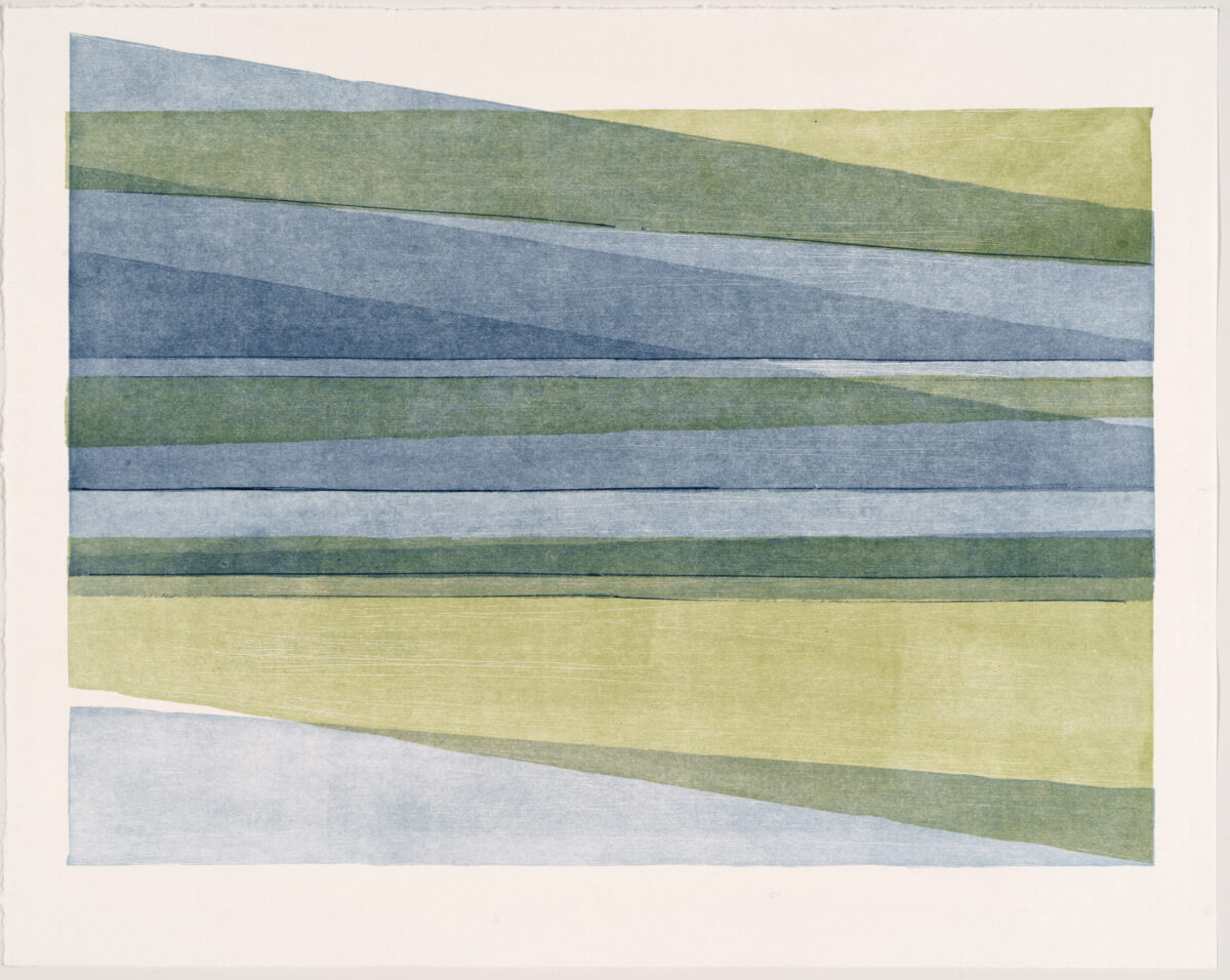 Horizontal bands of overlapping color—blues, greens, and yellows—arranged in diagonal shifts across the composition, creating a layered landscape-like abstraction with subtle gradations of tone and hue.
