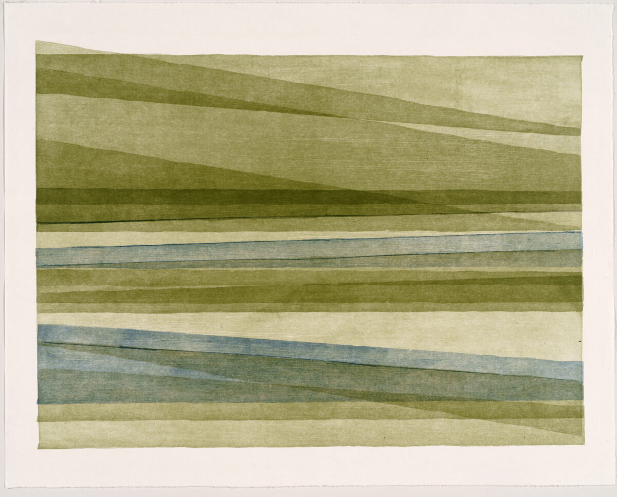 Horizontal composition of layered, gently curved bands in muted greens, blues, and cream tones, suggesting rolling landscape forms. The soft, organic striations create a sense of depth and movement across the pale paper surface.
