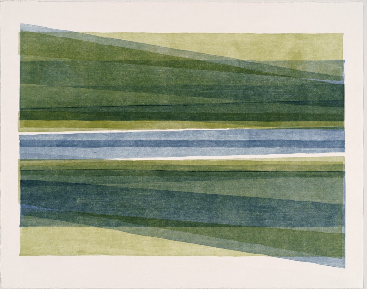 Abstract landscape composed of horizontal bands of overlapping colored strips in shades of green, blue, and yellow, with irregular diagonal edges creating a sense of depth and movement against a cream-colored background.