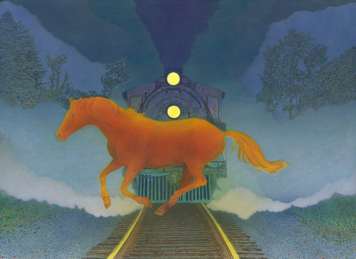 A luminous orange horse gallops across railroad tracks toward an approaching steam locomotive with glowing headlights, set against a moody twilight landscape of forested mountains and dramatic blue-green sky.