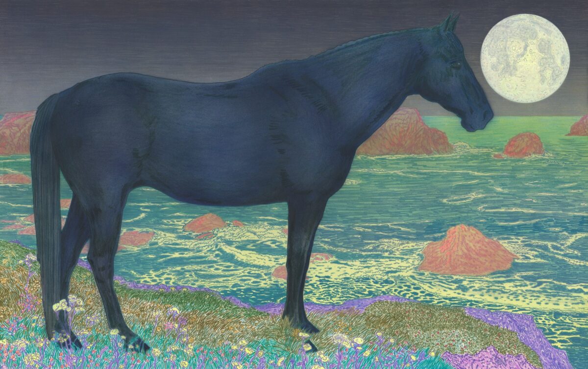 A dark blue horse stands in profile on a wildflower-dotted coastal meadow beneath a luminous full moon, gazing toward a surreal seascape of turquoise waters dotted with rust-red cone-shaped formations and yellow-green patterns, rendered in rich jewel tones with meticulous linear detail.