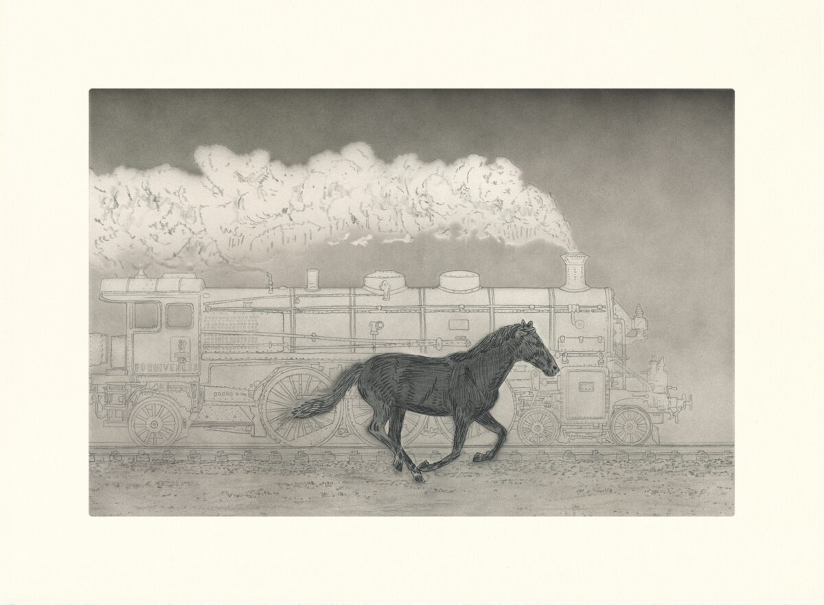 A detailed pencil and ink drawing depicting a galloping horse rendered in dark tones, positioned in front of an intricately sketched steam locomotive with billowing smoke cloud above. The composition creates a striking juxtaposition between the organic form of the animal and the mechanical precision of the industrial machine against a muted, textured ground.