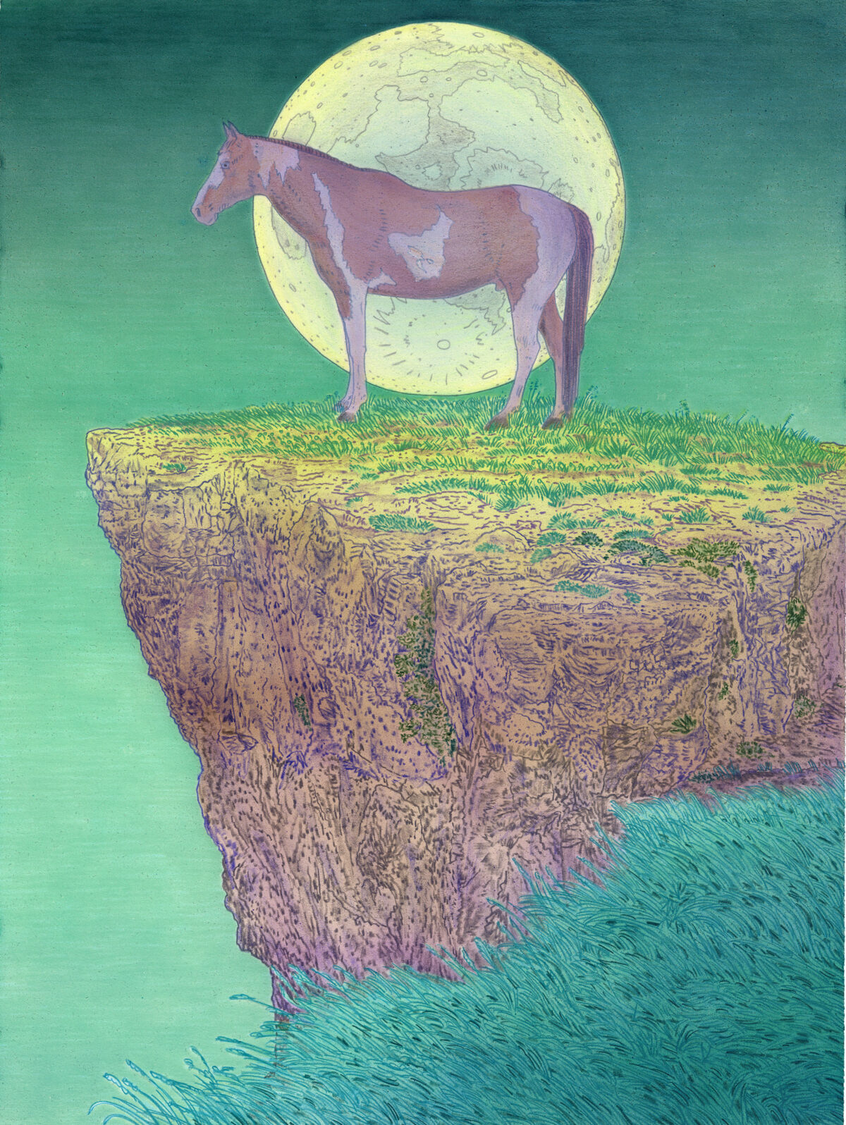 A horse stands on a rocky cliff overlooking turbulent teal water, silhouetted against a luminous pale yellow moon that fills the upper portion of the composition. The surreal scene combines naturalistic detail in the landscape with dreamlike proportions and a serene color palette of greens, purples, and yellows.