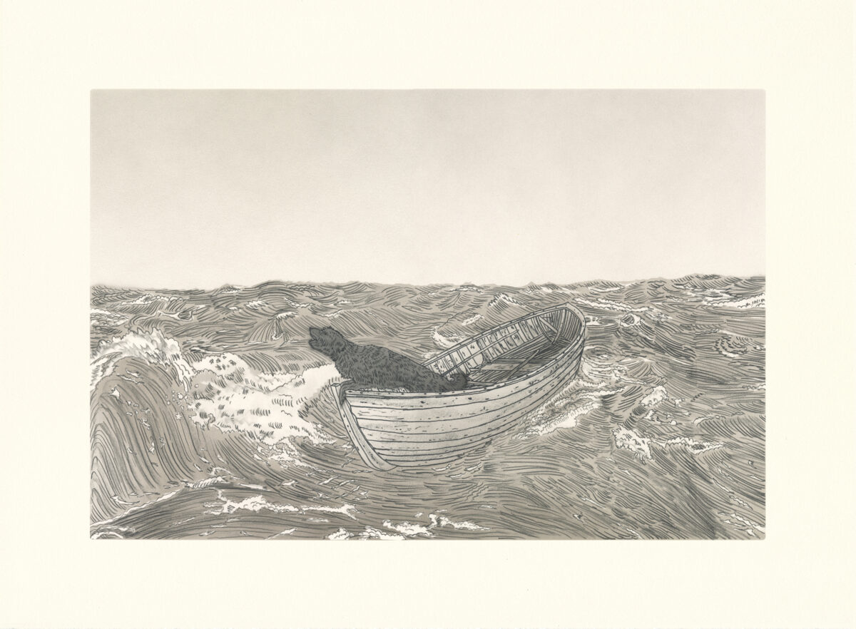A detailed pencil and ink drawing depicting a wooden rowboat tilted in turbulent ocean waves. The composition is divided between a pale sky above and dynamic water below, rendered with intricate linear hatching. The boat's wooden planks and interior structure are clearly visible, while the surrounding seascape is dominated by flowing, wave-like patterns that create movement and depth across the composition.