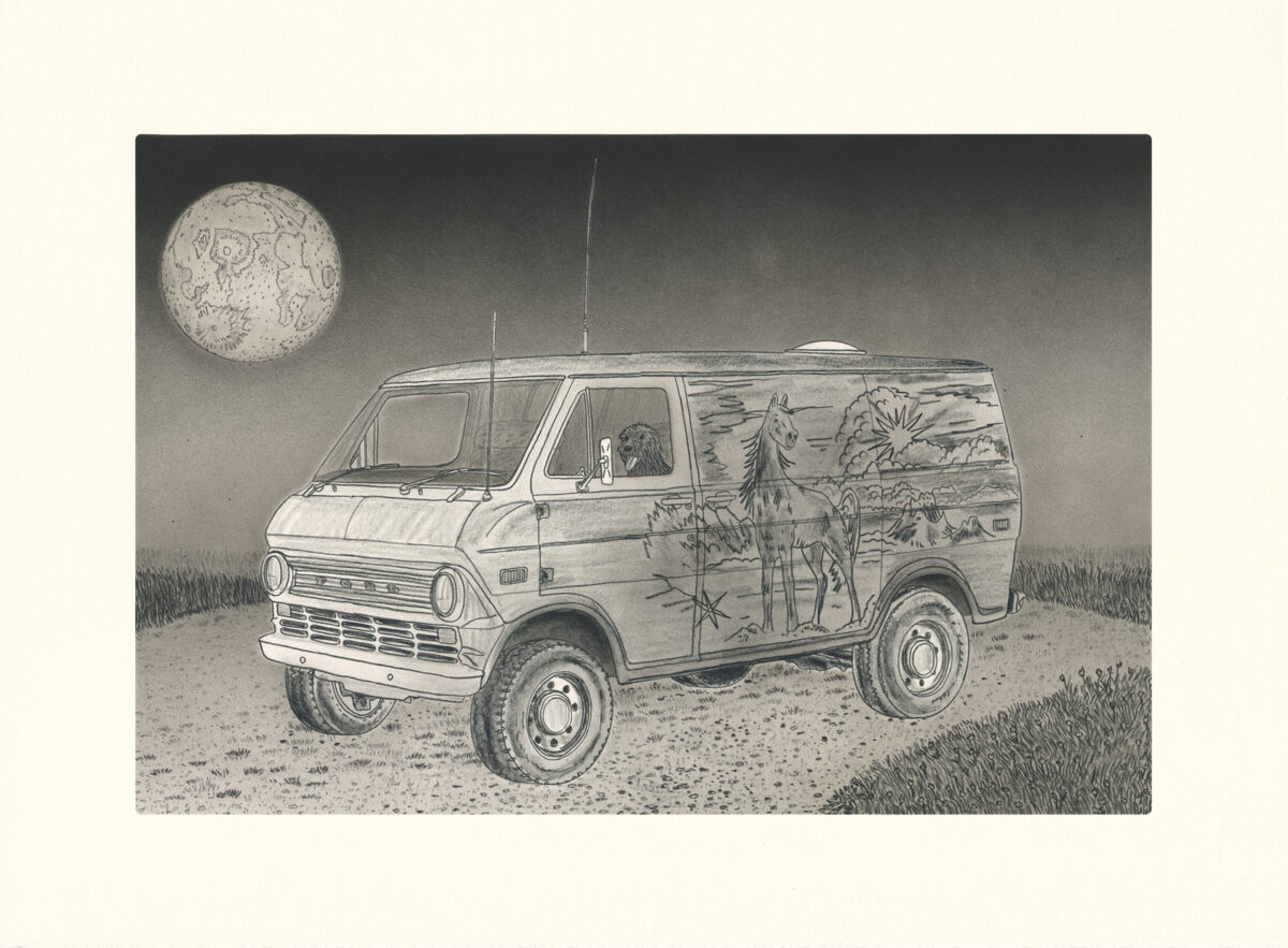 A detailed pencil and ink drawing depicting a van parked on barren ground beneath a large cratered moon. The vehicle's side panels are decorated with surreal imagery including horses and abstract landscapes. An eagle or bird head visible through the driver's window gazes outward, while sparse grass surrounds the scene under a dark, atmospheric sky.