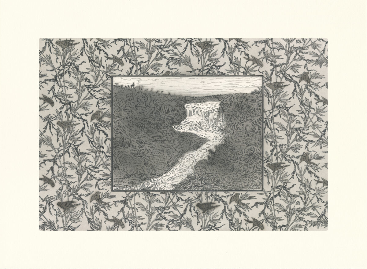 A framed landscape depicts a cascading waterfall flowing through a forested valley, rendered in detailed black ink line work. The central scene is surrounded by an ornamental border of delicate botanical foliage in a repeating pattern.