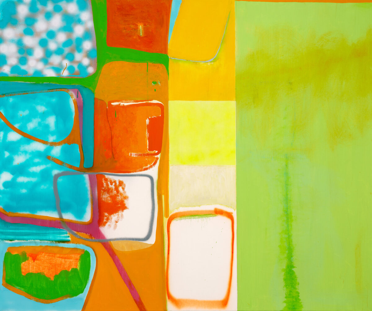 Vibrant abstract composition featuring bold geometric shapes and overlapping rectangles in turquoise, orange, yellow, and lime green. White outlined rectangular forms create a grid-like structure across the canvas, with energetic brushstrokes and layered paint suggesting movement and depth throughout the piece.