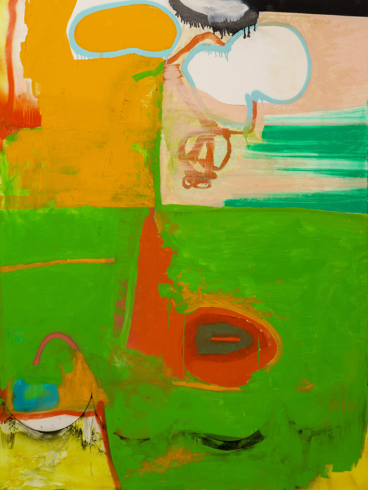 Abstract painting in vibrant colors—bright green, orange, yellow, and red—featuring gestural brushstrokes, organic shapes, and outlined circular forms in light blue. The composition combines loose, expressive mark-making with bold color blocks and includes sketched linear elements and eye-like circular motifs scattered across the canvas.
