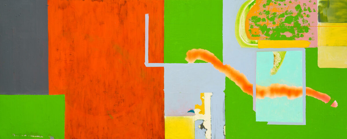 Abstract composition featuring bold geometric shapes in vibrant colors—bright orange, lime green, yellow, and light blue—arranged across a wooden panel. White lines and organic orange brushstrokes create visual breaks and movement through the composition, while weathered surfaces and layered paint suggest depth and materiality.