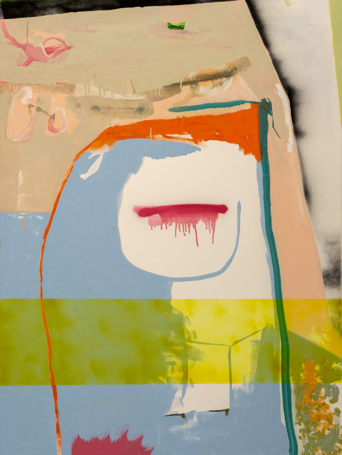 Abstract portrait featuring a stylized face with a cream-colored head, blue hair, and a prominent magenta mouth with dripping effect against a layered background of orange, yellow, and blue horizontal bands. Gestural marks and transparent washes create a dreamlike quality across the canvas, with loose brushwork and expressive line work throughout the composition.