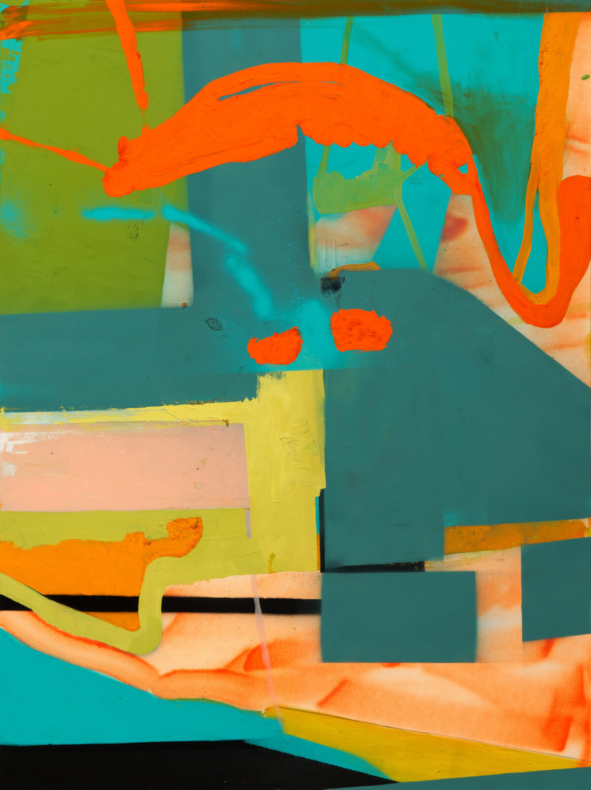 Abstract composition featuring bold geometric shapes and layered forms in vibrant colors including orange, teal, lime green, yellow, peach, and black. The work employs a collage-like approach with overlapping rectangular and organic forms, creating a dynamic interplay of figure and ground across the canvas surface.