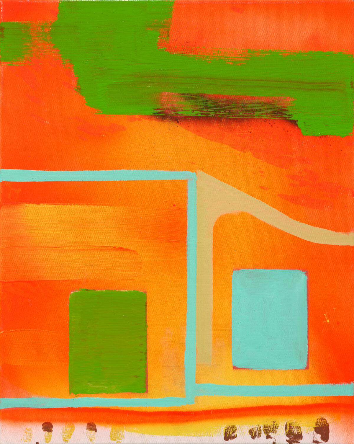 Abstract composition featuring bold geometric shapes in vibrant orange, green, and turquoise against warm background tones. Rectangular forms and horizontal bands create a structured yet gestural composition, with visible brushwork and paint application throughout the canvas.
