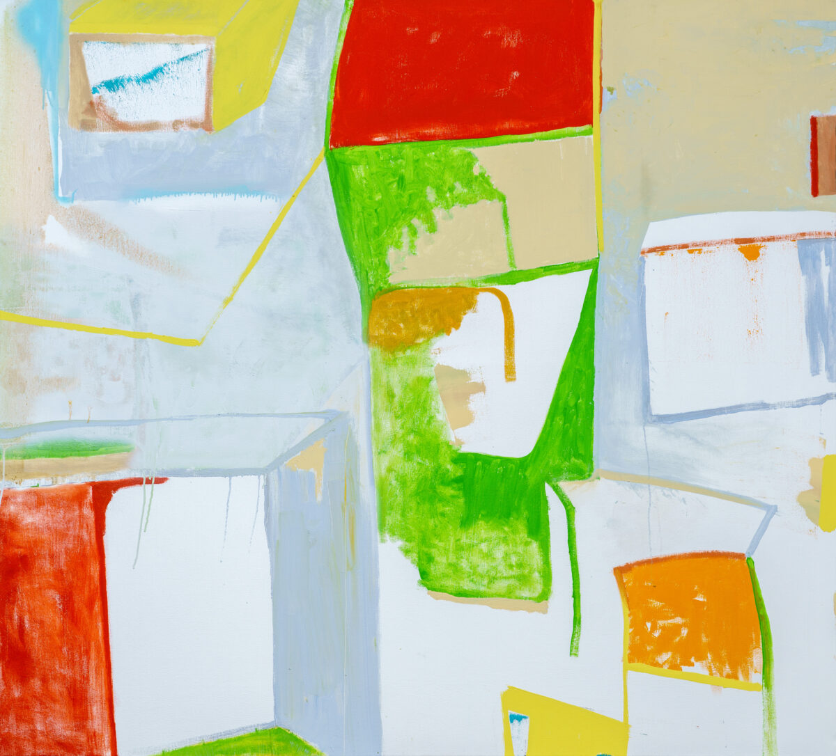 Abstract composition featuring overlapping geometric shapes and rectangles in vibrant colors including red, green, yellow, orange, and blue, with a predominantly white background. The work employs gestural brushstrokes and layered paint application, creating a dynamic interplay between bold color blocks and softer, textured passages.