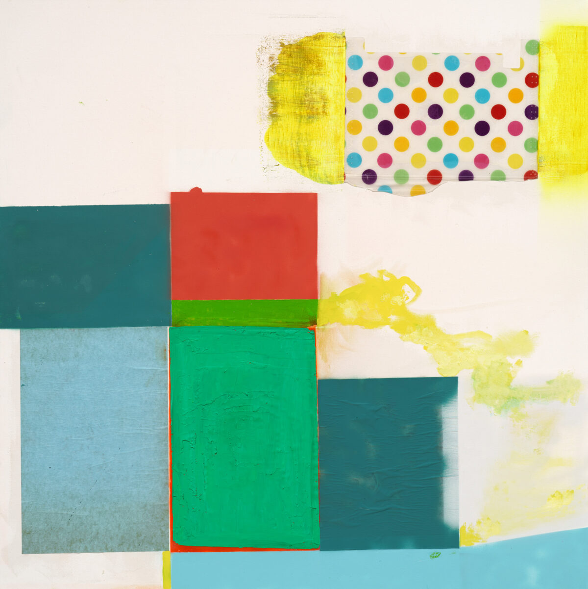Abstract composition featuring geometric rectangles in teal, red, green, and light blue layered across a cream background, with bright yellow gestural marks and a polka-dotted patterned section in the upper right, combining painterly and collage elements.