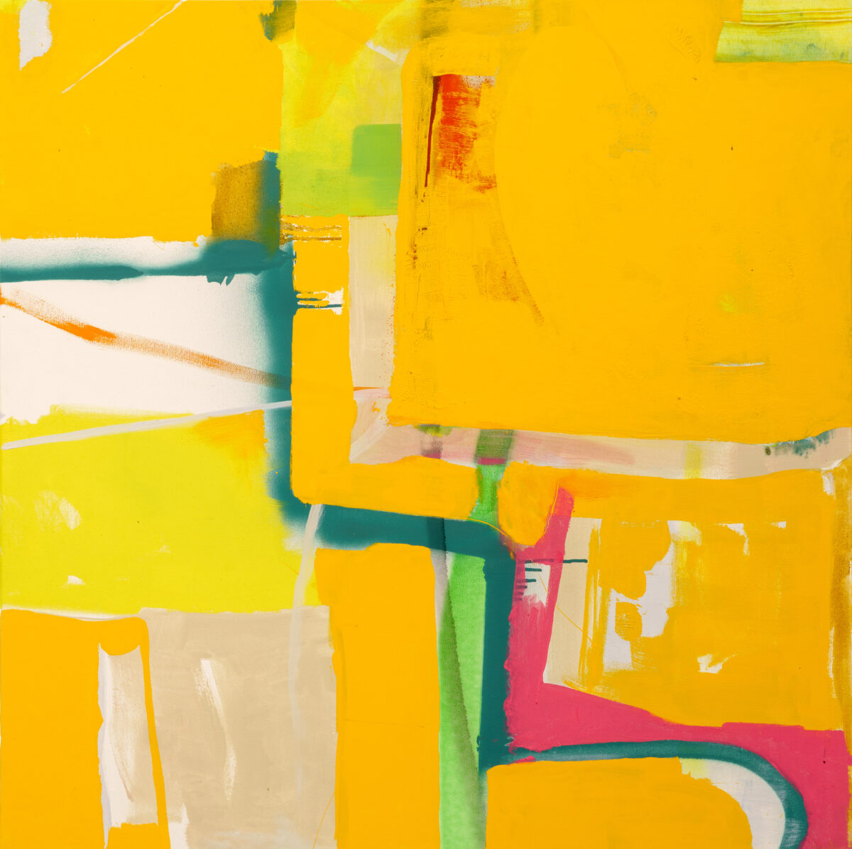 Abstract composition dominated by vibrant yellow tones with overlapping geometric forms in teal, lime green, cream, orange, and hot pink. Layered brushstrokes and soft color transitions create depth across the canvas, suggesting an energetic interplay of shapes and movement.