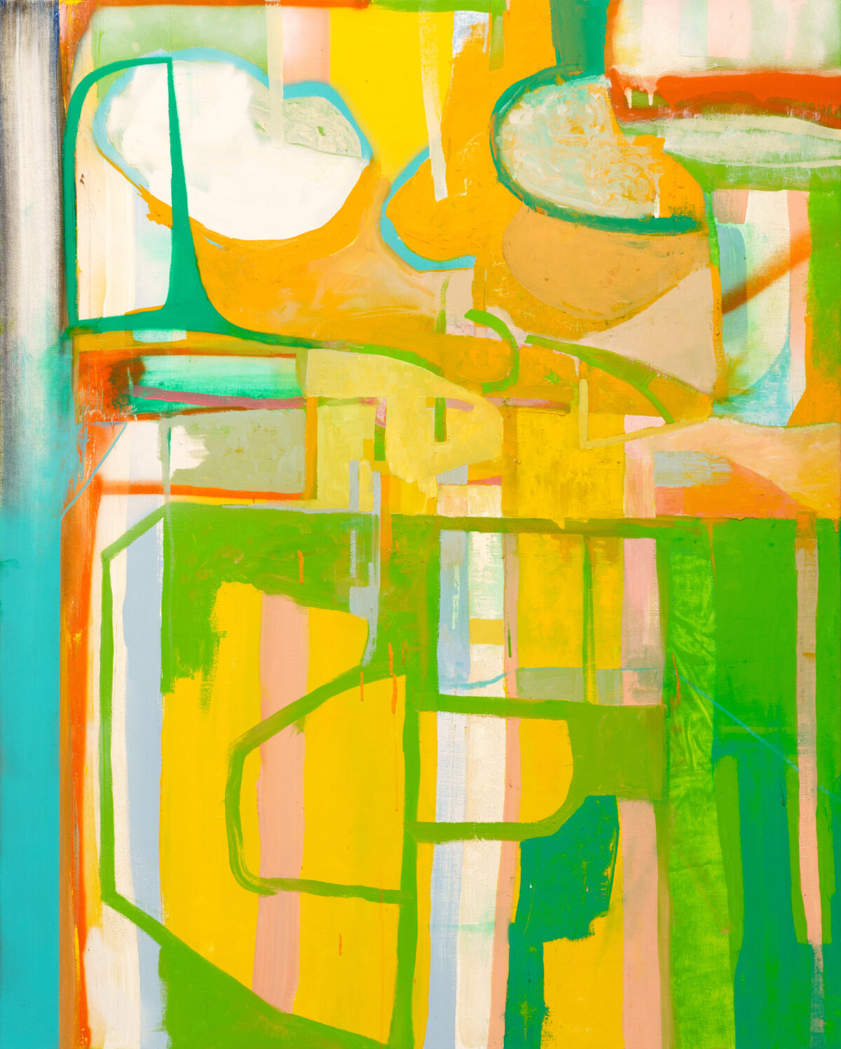 Abstract composition in vibrant yellows, greens, and oranges with geometric forms and curved lines layered across the canvas. Interlocking rectangular shapes and circular elements create a dynamic, playful arrangement suggesting architectural or botanical motifs, rendered in bold, contrasting colors against cream and white passages.