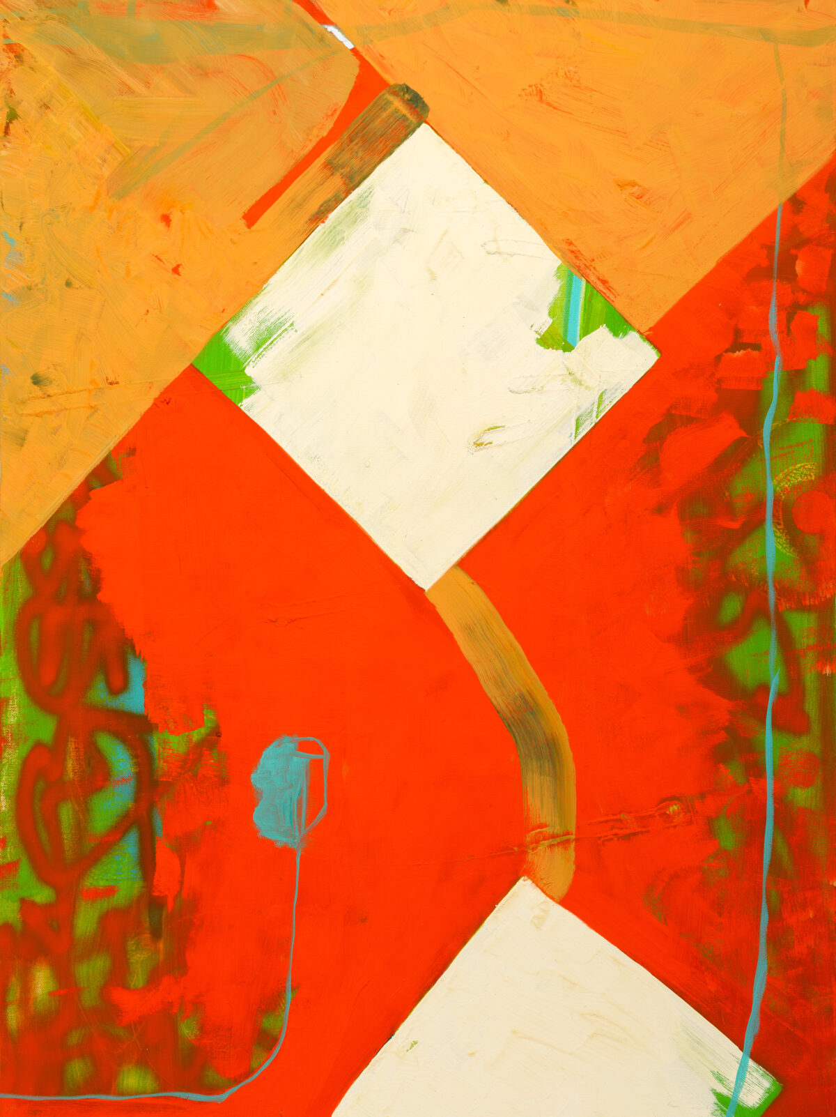 Abstract composition featuring a bold red ground with orange and yellow passages in the upper portion. Two cream-colored diamond or square forms rotated 45 degrees are positioned at top and bottom center, with gestural brushstrokes in green, blue, and tan creating linear elements throughout. The layered paint application and vibrant color palette create dynamic visual movement across the canvas.